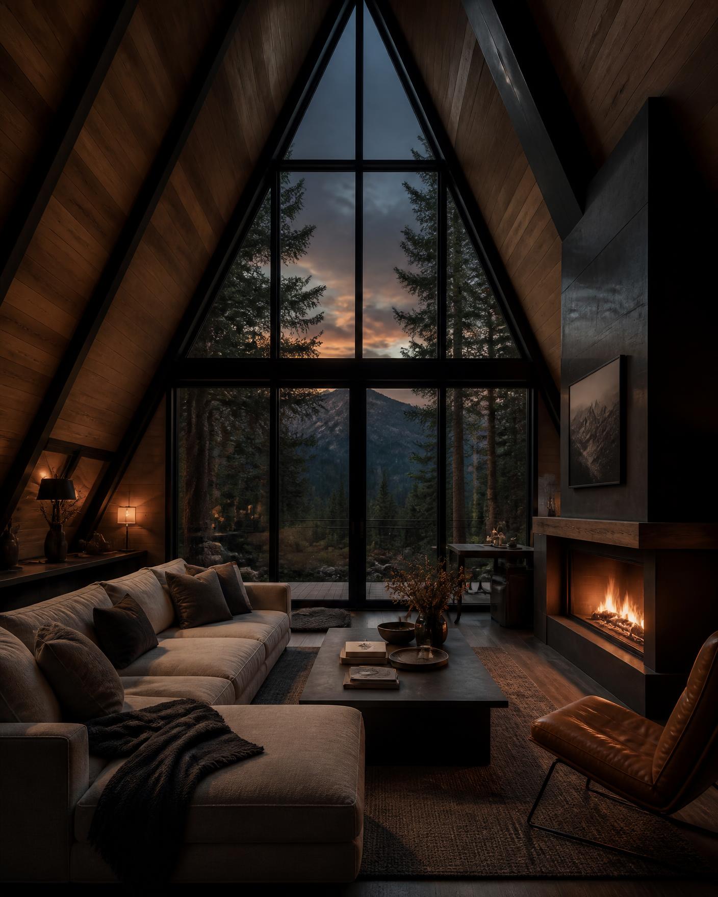 Interior de chalé A-Frame com lareira acesa e vista para a floresta